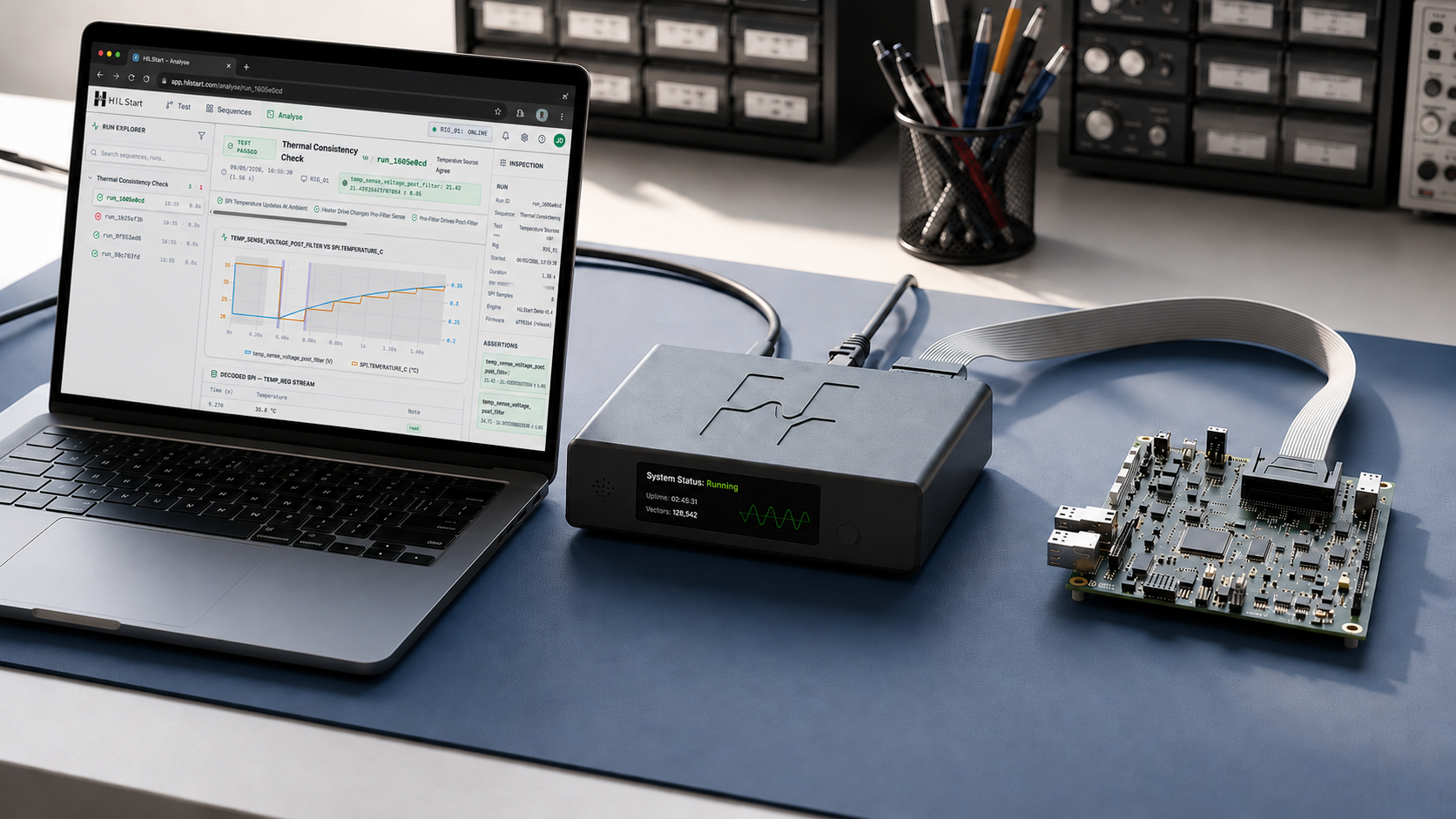 HILstart hardware rig connected to a laptop running Composer